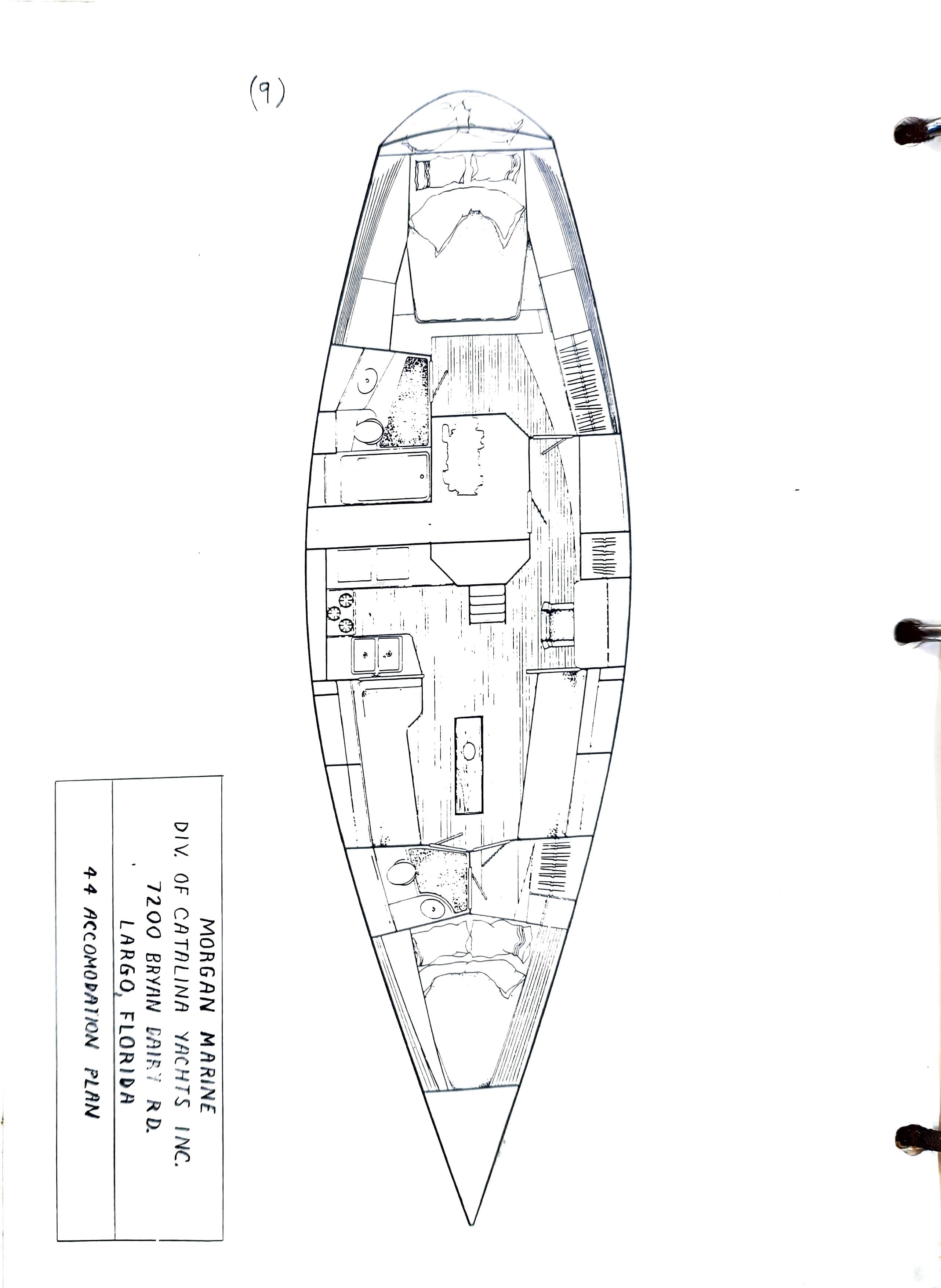 1989 Morgan 44 Center Cockpit yacht accommodation plan, detailed interior layout.