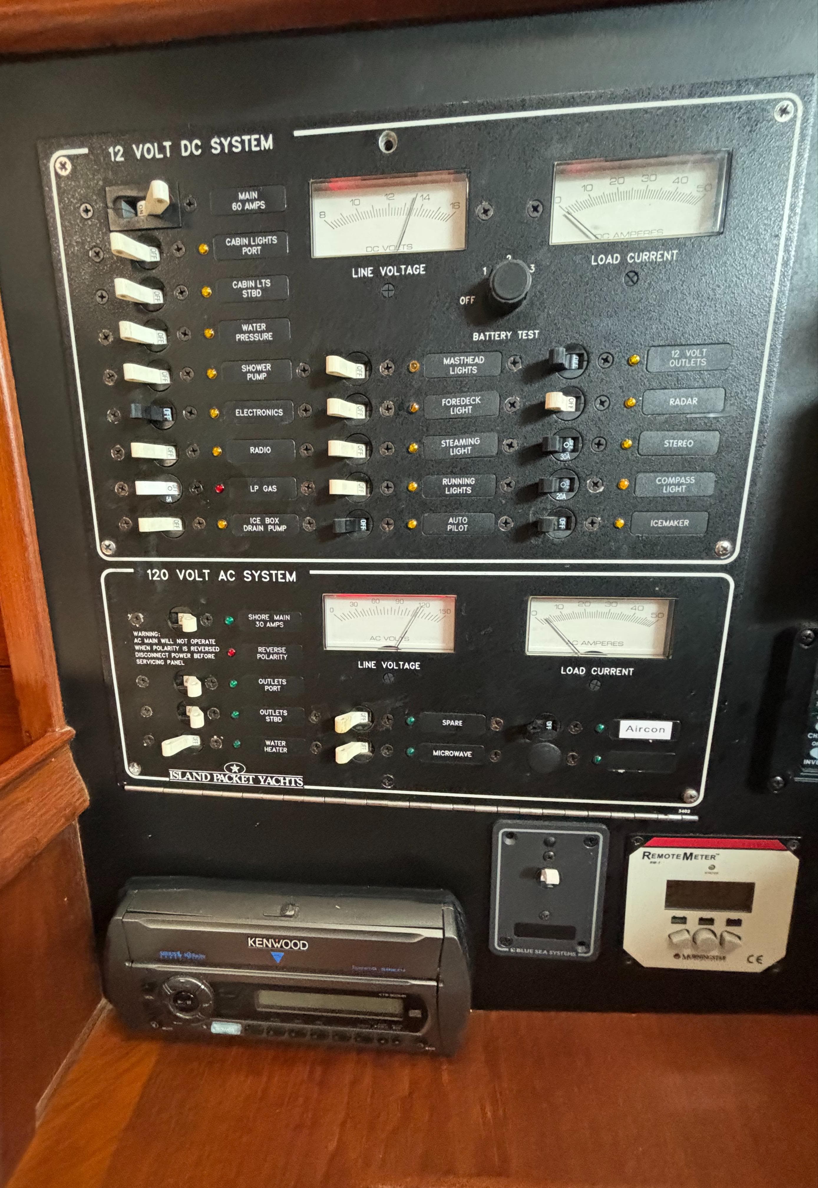 Electrical control panel on a 1995 Island Packet 40 sailboat, featuring AC and DC systems.