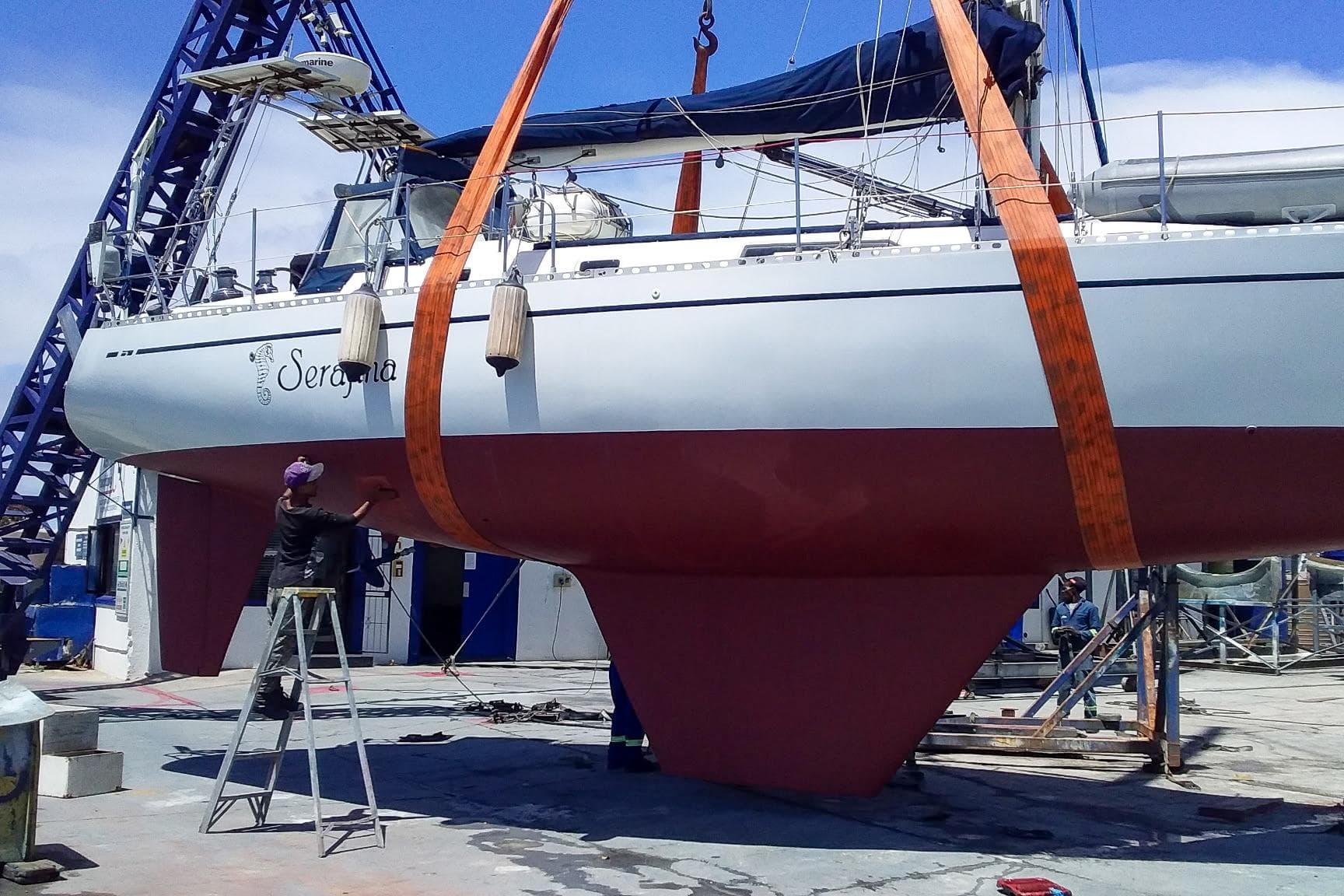 Sailboat Nordic 44 from 1980 in dry dock, undergoing maintenance and inspection.