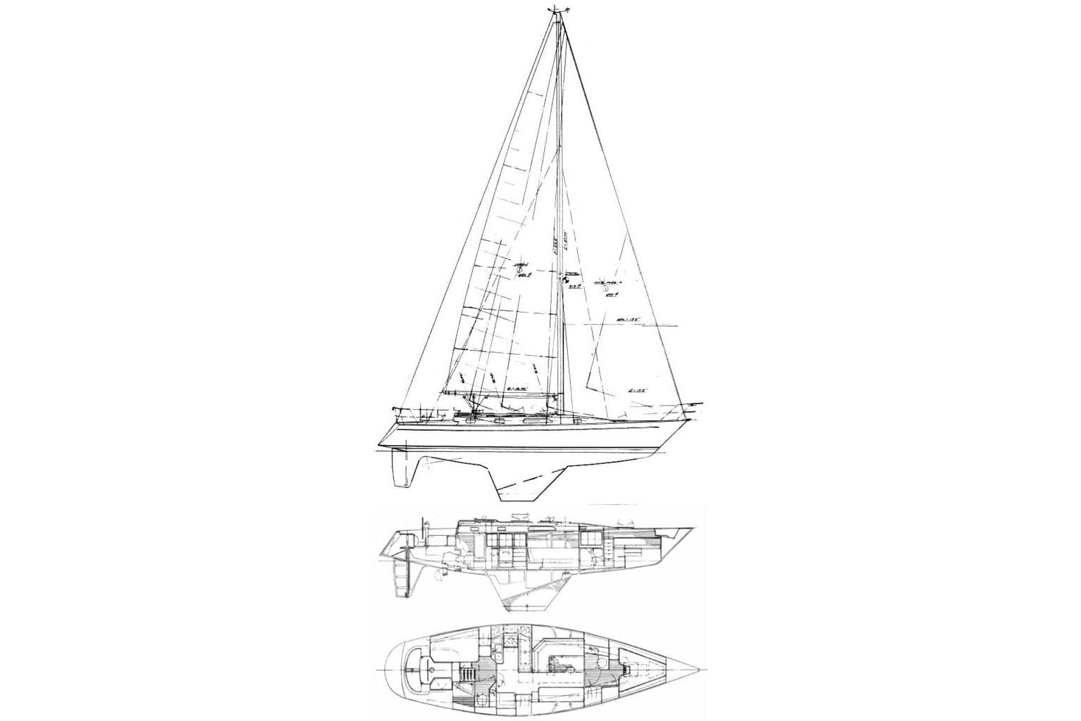 Blueprint of 1980 Nordic 44 sailboat, showcasing side and top views with detailed design.