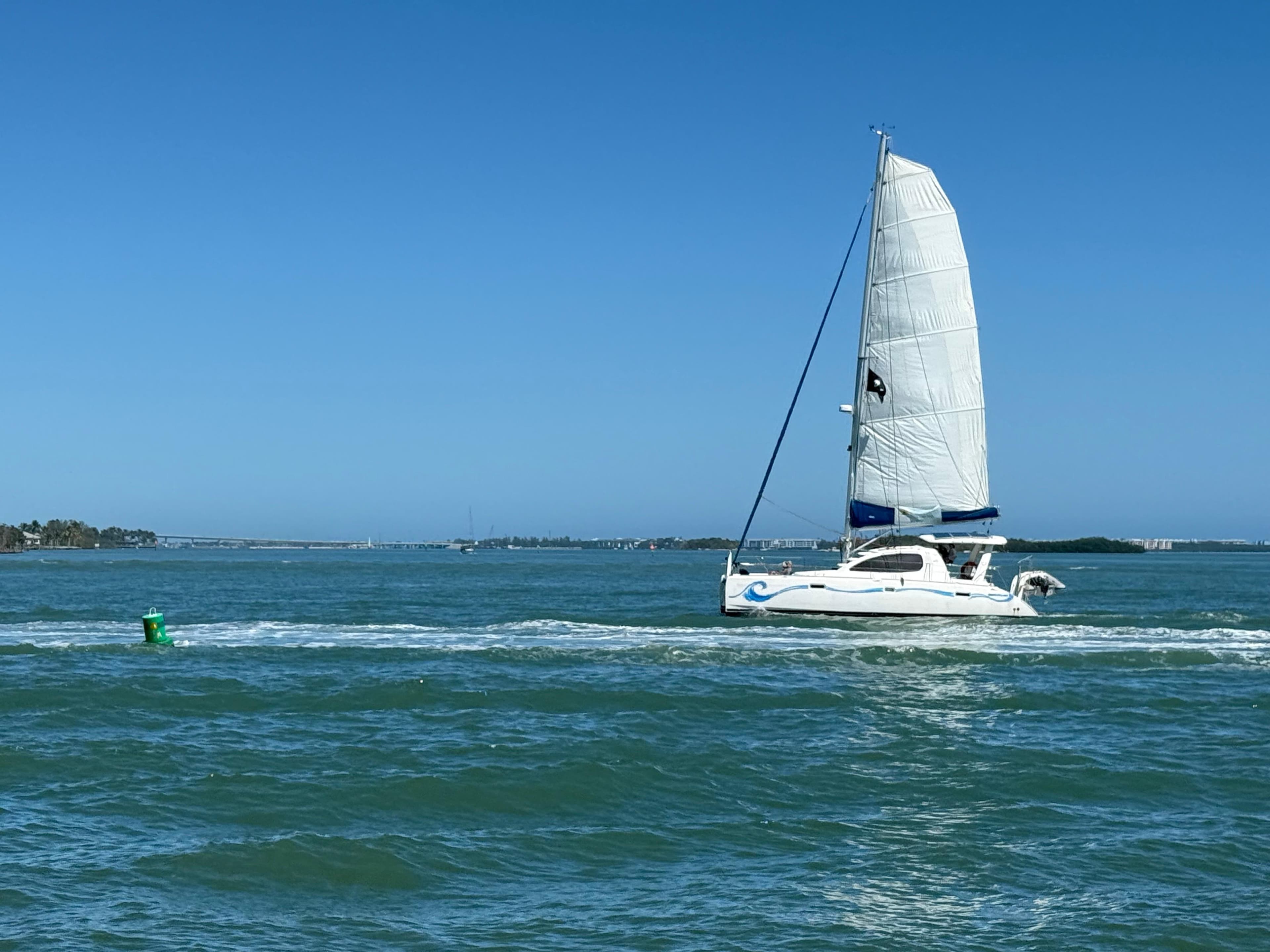 Sailing catamaran Leopard 40, 2006 model, cruising on open water under clear blue sky.