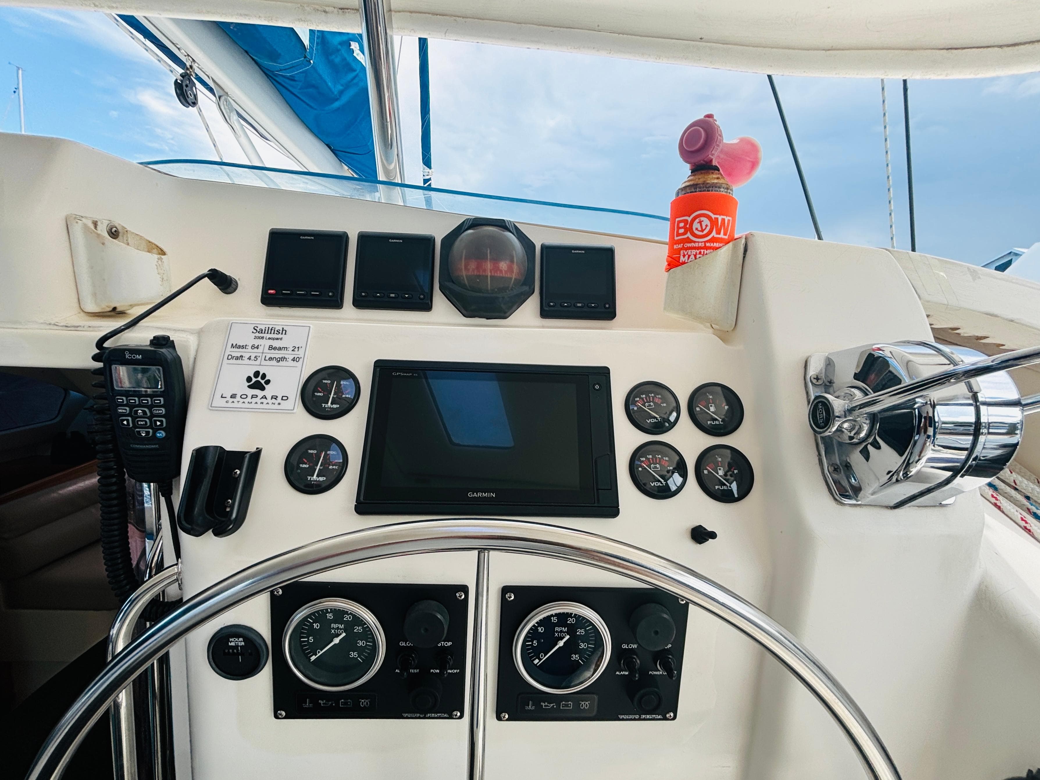 Helm of 2006 Leopard 40 catamaran with navigation instruments and controls.