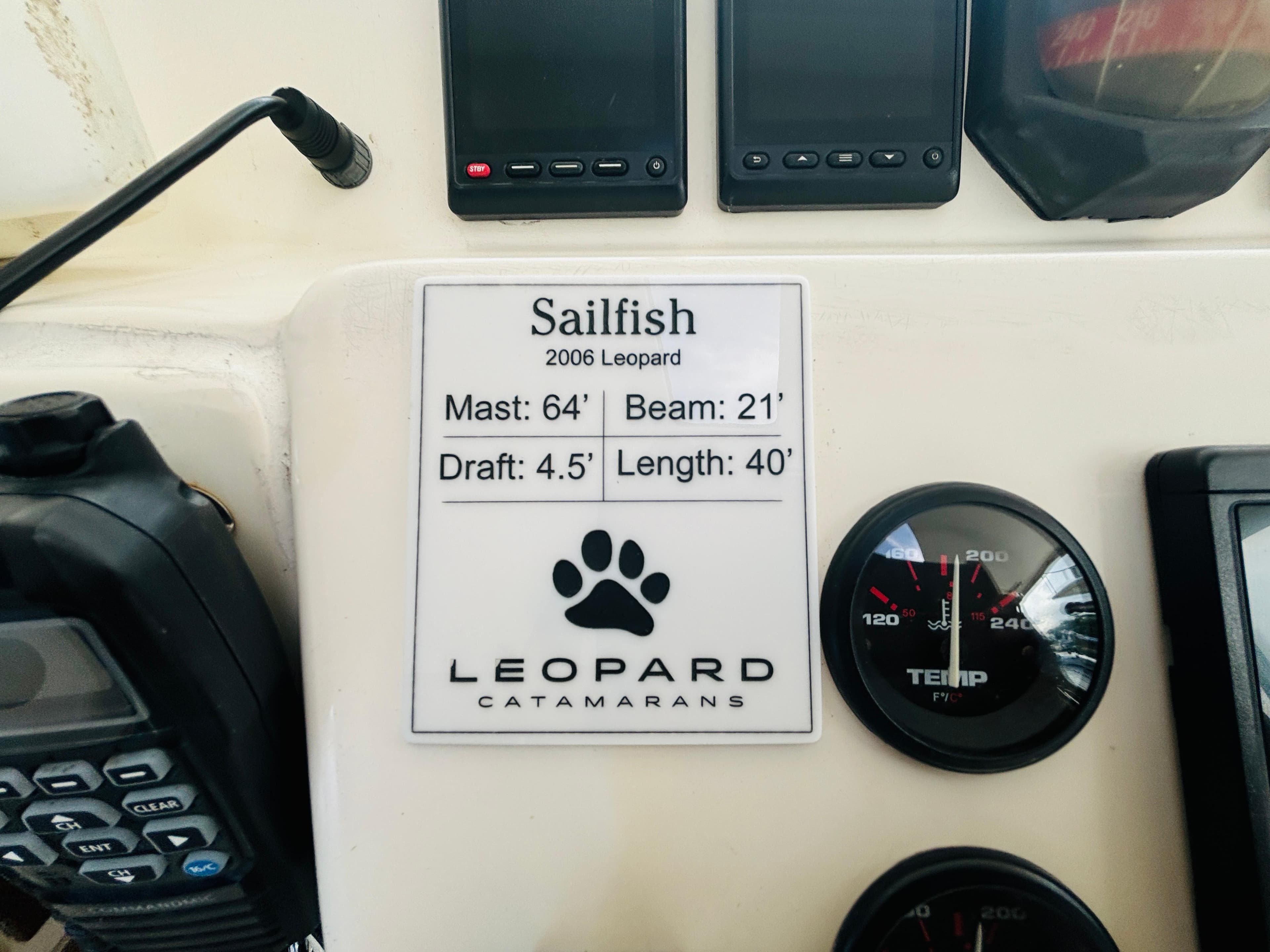 Control panel of 2006 Leopard 40 catamaran with specifications and gauges.